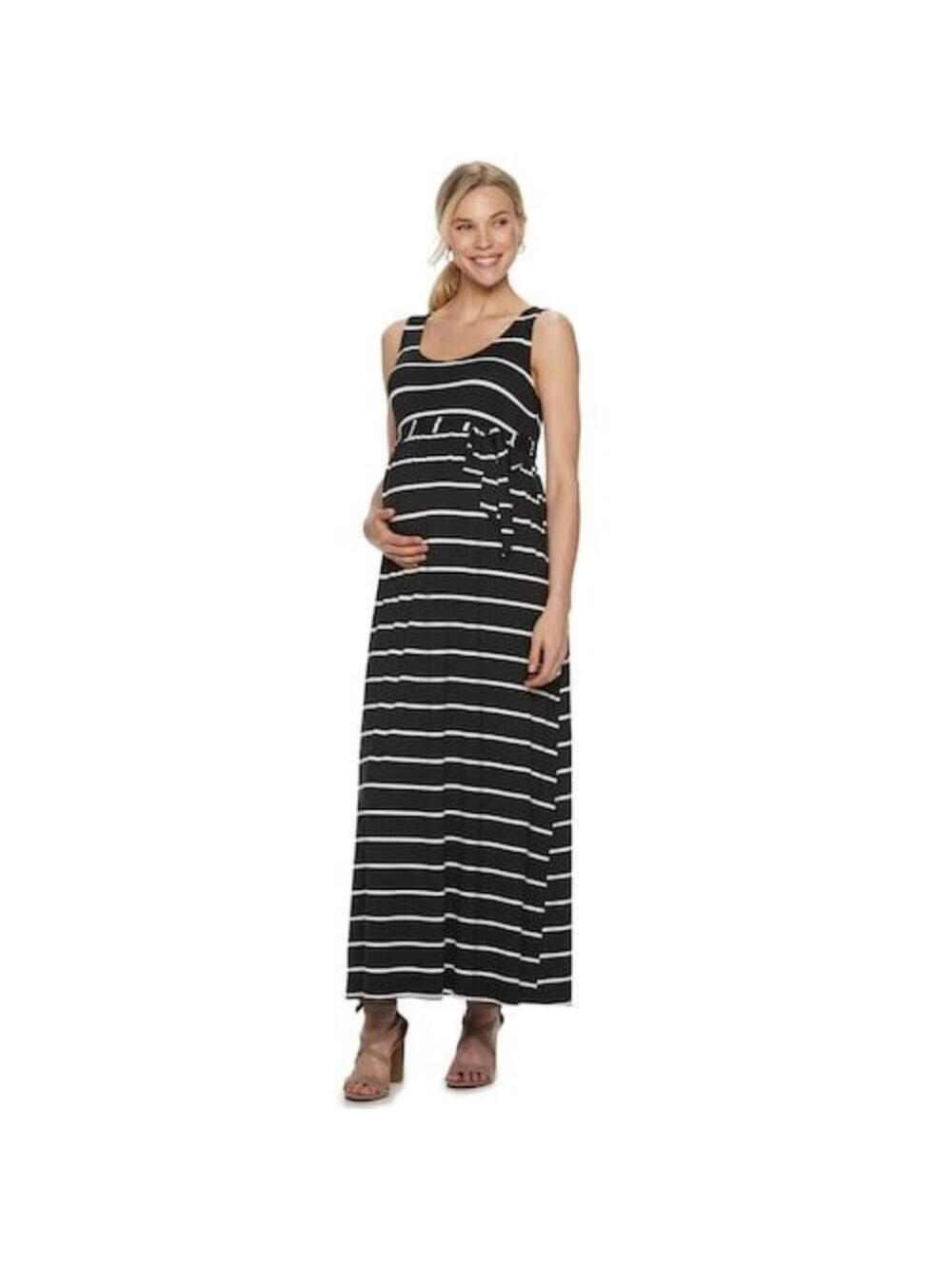 a:glow NWT Striped Sleeveless Maternity Maxi Dress Medium Black White Tie Waist